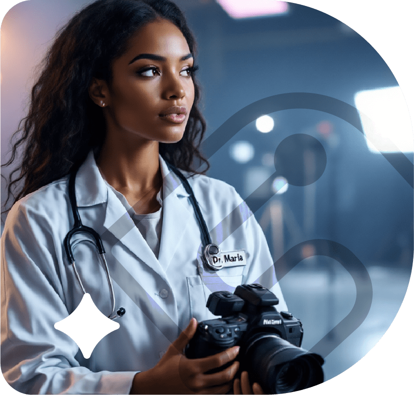 Interface da plataforma DocStudios mostrando gravação online de vídeos médicos com IA